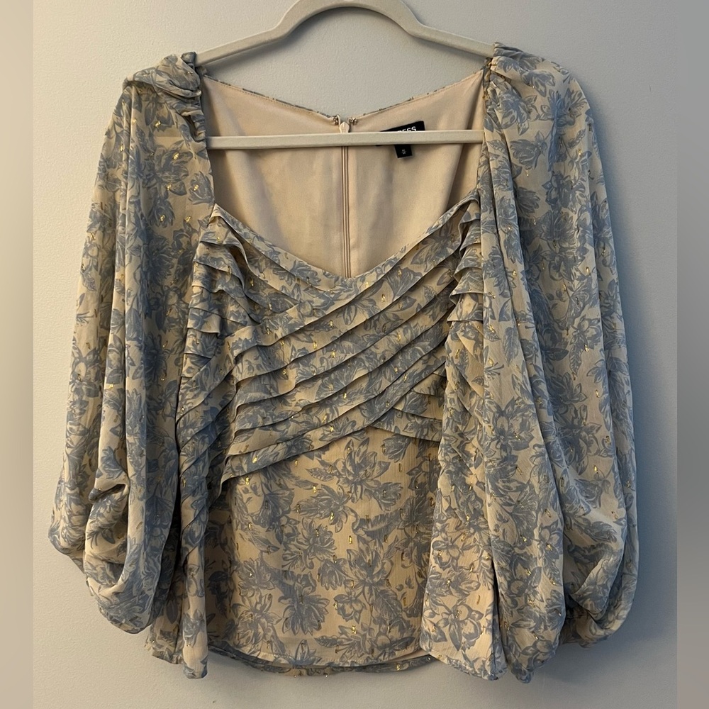 Express Floral Ruffle Blouse in Cream and Blue